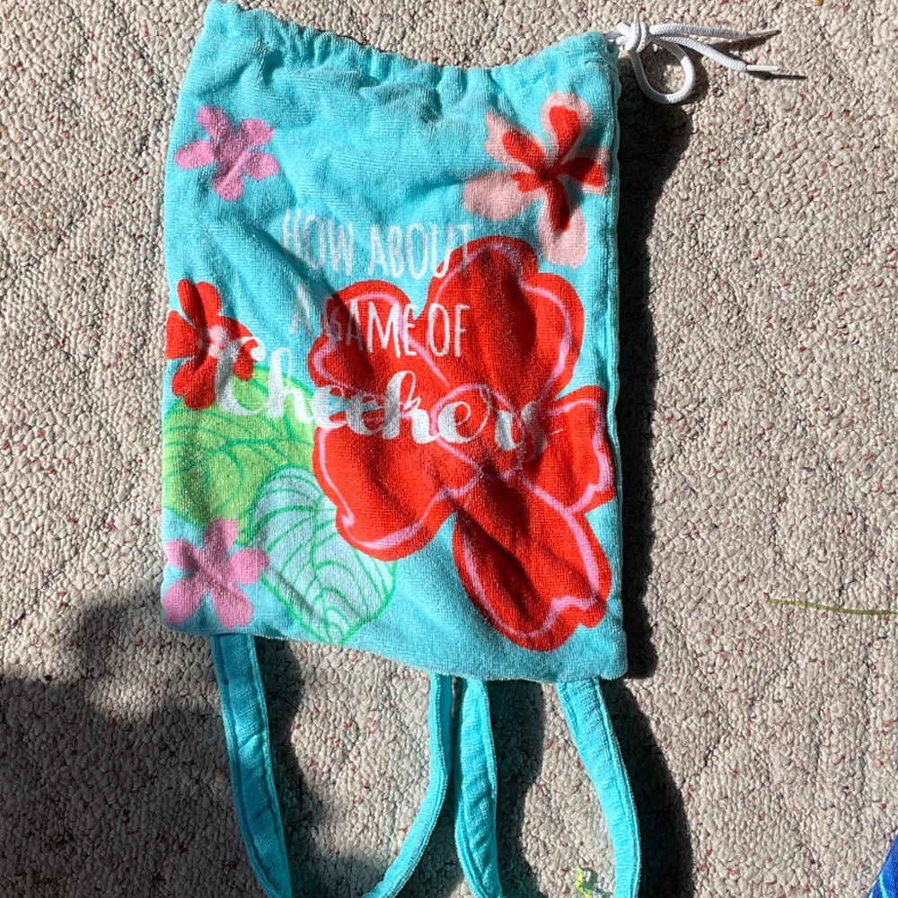 Turquoise Floral Drawstring Backpack with Red Flower